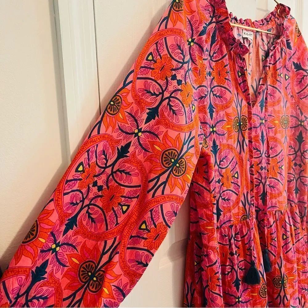 KING + PITT Pink Orange Floral Boho Tiered Dress Size Large - Picture 7 of 14